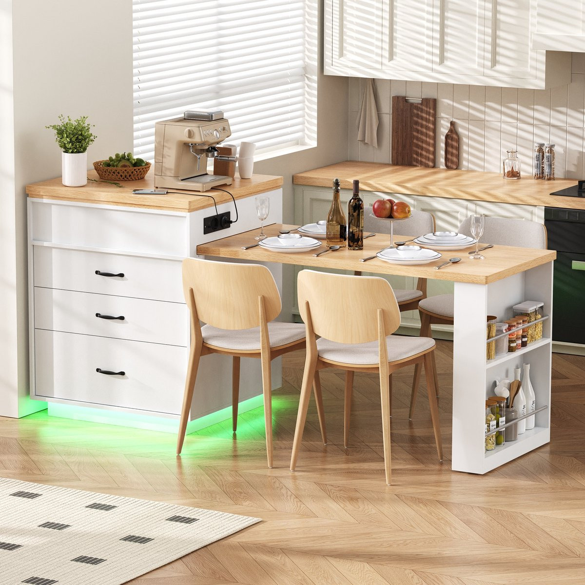 Sweiko Uitschuifbare Eettafel Keukeneiland met LED-verlichting en 3 lades - Wit + Naturel