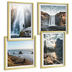 BILDER SET 4er Set - 50x50 cm & 40x60 cm Goldrahmen - Wasserfälle, Berge, Landschaften, Natur