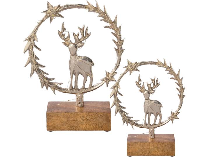 Dekofigur CREATIV DECO LUMEN, Deko-Objekt Kranz mit Hirsch , silber (silberfarben), B:16cm H:23cm T:5cm, Metall, Dekofiguren, Dekofigur, Weihnachtsdeko, Batteriebetrieb