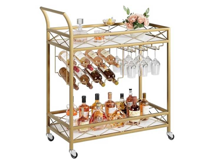 IDEALHOUSE 2-Stufiger Barwagen Mit Marmorplatte Rollbarer Getränke- und Servierwagen mit Weinregal & Glashalter für Wohnzimmer, Küche & Party
