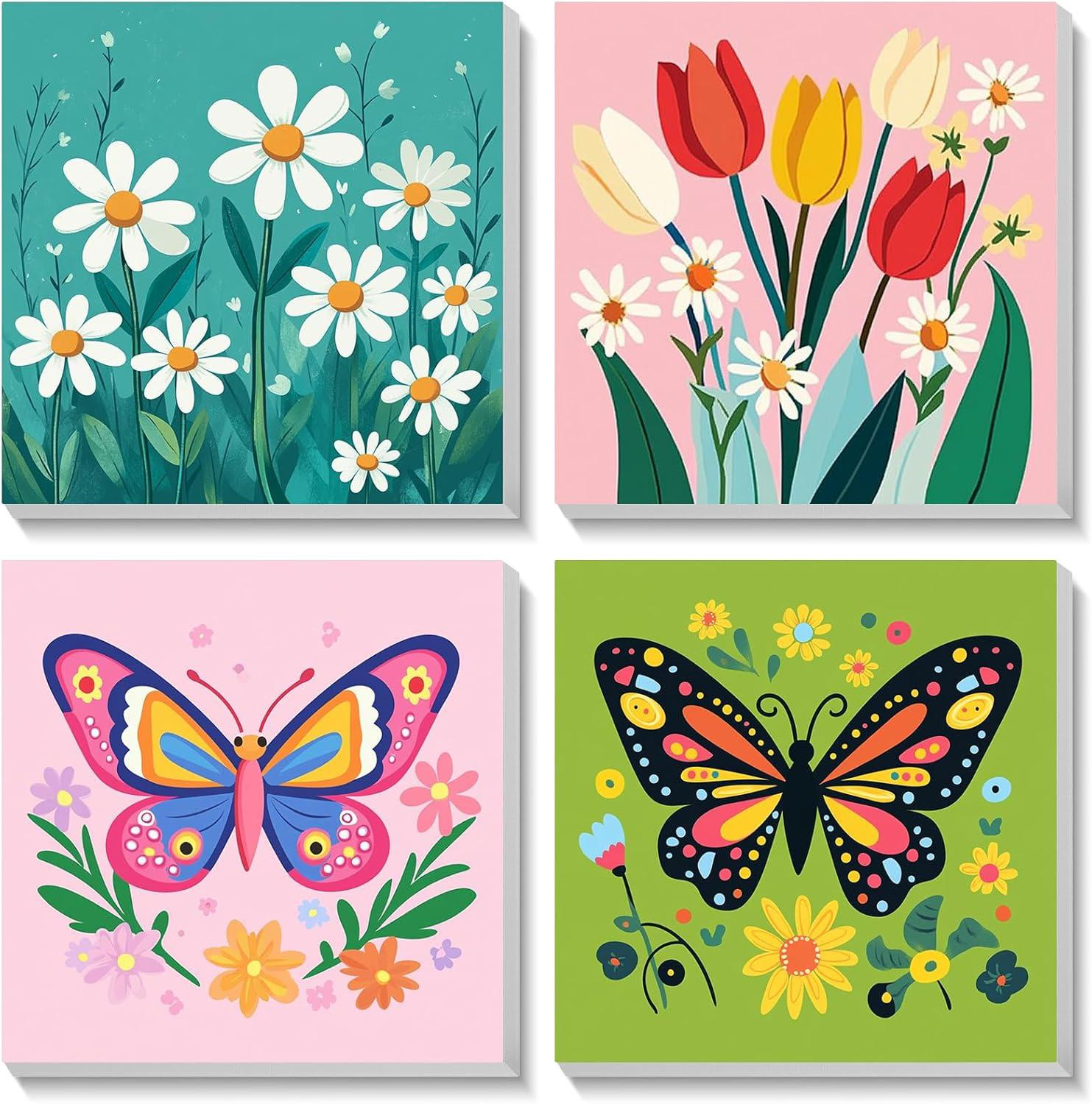 Set van 4 Paint by Numbers Kits met Bloemen en Vlinders, DIY Acrylverf Set voor Kinderen