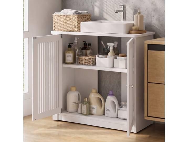 ELVORIN Meuble sous vasque blanc double porte à lamelles 60 x 30 x 60 cm