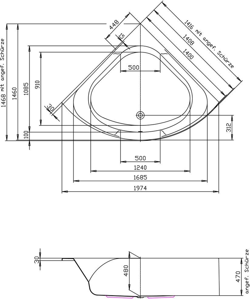 Hoesch Spectra Eck-Badewanne 140 x 140 cm mit 4 LED Scheinwerfern, Badewannen, 3653.010+690914, weiß
