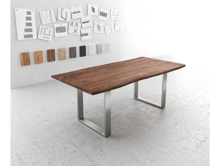Esstisch Edge 200x100 Akazie Braun Edelstahl Schmal Live-Edge, Esstische, Baumkantenmöbel, Massivholzmöbel, Massivholz