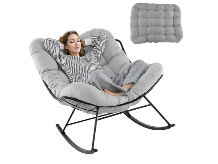 Fauteuil à Bascule - RELAX4LIFE - Coussin en Peluche - Angle d'oscillation de 30° - Anti-Retournement - Charge 205KG - Gris Clair