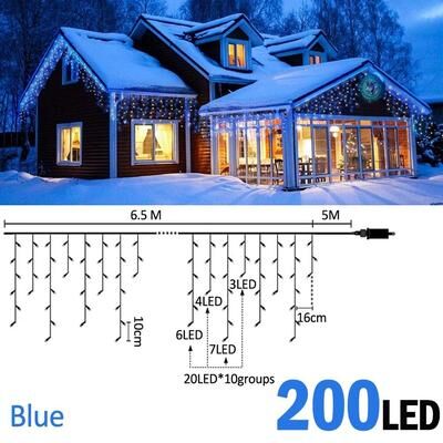 Uplift Picks FrostGlow LED Icicle Lights Waterproof Christmas Curtain Lights blue (200 Led) eu Plug