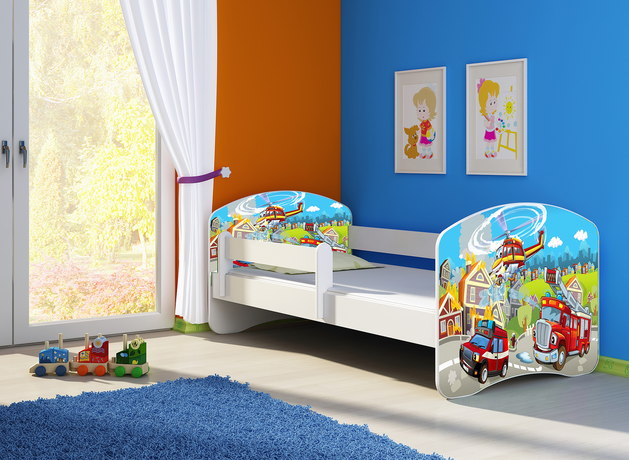 Kinderbett, Motiv, Schublade CLAMARO, Bett Farbe:36 Feuerwehrmann, Mit Bettkasten:Mit Bettkasten, Bett Größe:180 x 80 cm