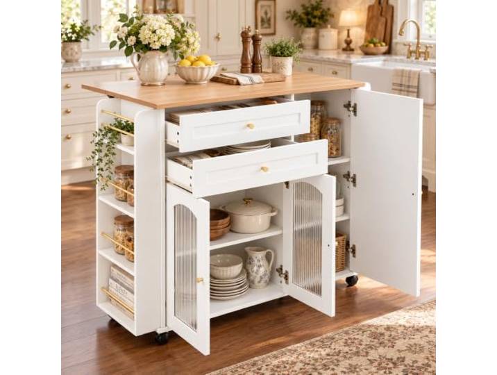 Crlnaup Mobile Kücheninsel 110 cm mit klappbarer Arbeitsplatte, Küchenwagen auf Rollen mit 2 Schubladen, Glastüren, Seitenregal und großem Stauraum, Weiß+Natur