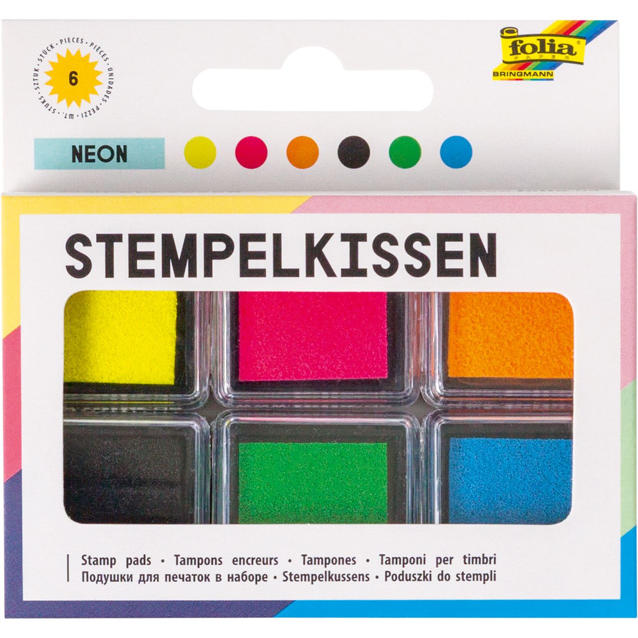 folia Stempelkissen neon gelb, pink, orange, schwarz, grün, blau 6x 2,4 x 2,4 cm