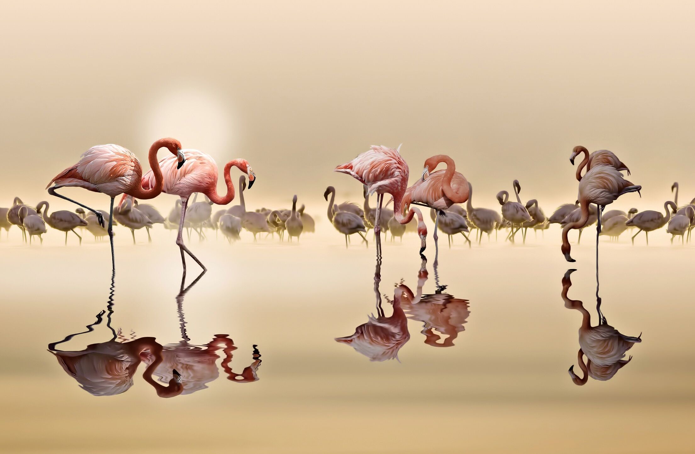 Fototapete PAPERMOON "Photo-Art NASSER OSMAN, FLAMINGOS", bunt, B:5m L:2,8m, Vlies, Tapeten, Fototapete bunt B/L: 5m x 2,8m, Bahnen: 10 Stk.