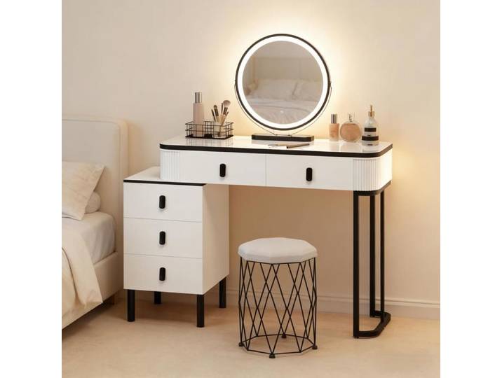 Coiffeuse - ZEVKOR - Coiffeuse 5 Tiroirs - Miroir rond LED dimmable - Tabouret rembourré - Caisson blanc/noir 100x40x126 cm