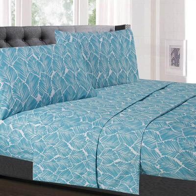 Sweet Home Collection Tropical Leaf 4 Piece Printed Sheet Set, Double Brushed Microfiber