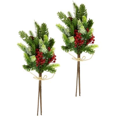 Winterliche Kunstpflanze I.GE.A. "Kunstzweig, Dekozweig aus Kunststoff, Weihnachtsdeko", bunt (grün, rot), B:18cm H:40cm T:10cm, Kunststoff, Kunstpflanzen, mit echten Zapfen, Beeren und Schleife, geeist, 2er Set, grün, rot