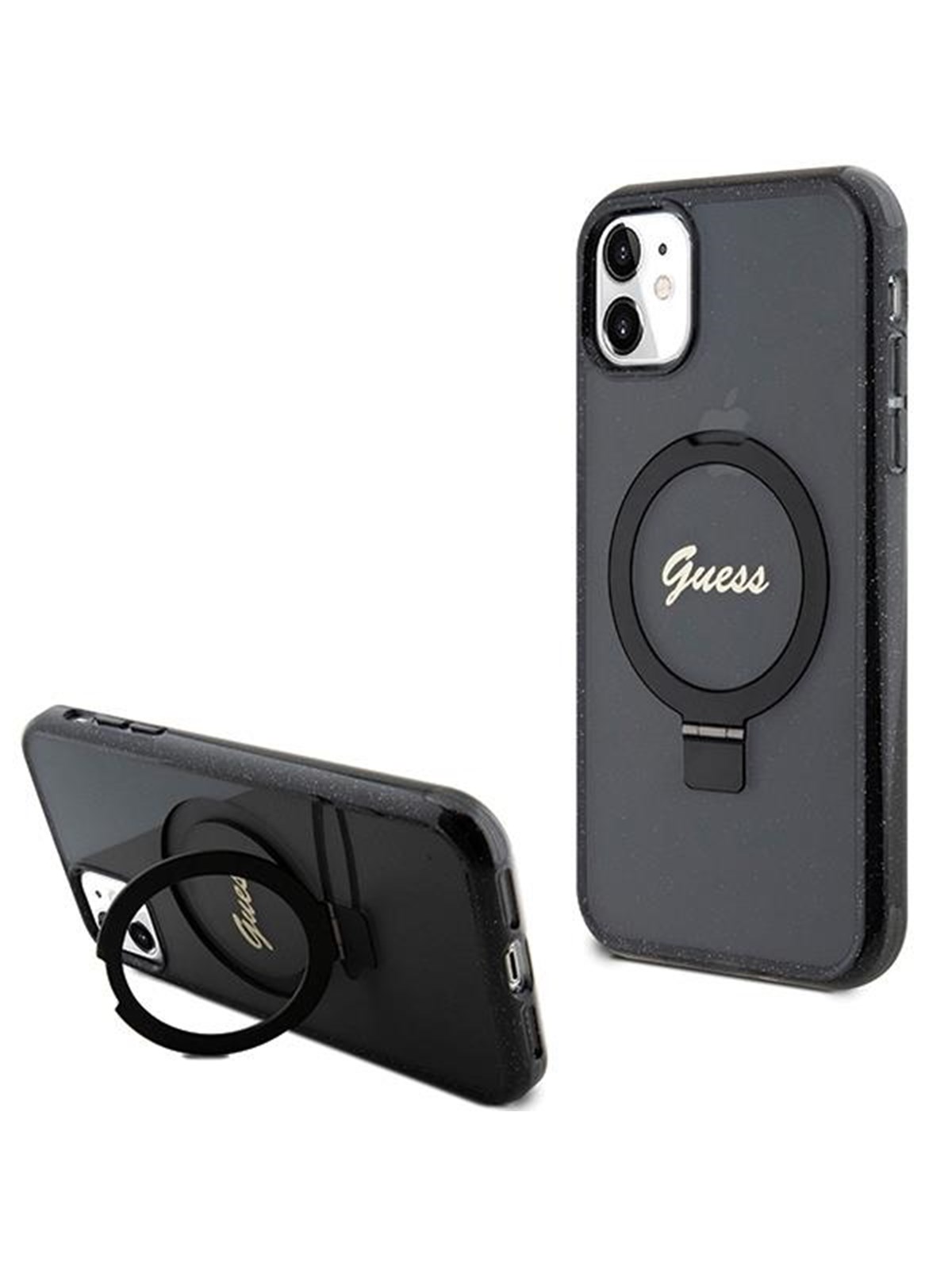 GUESS Ring Stand Script Glitter MagSafe case for iPhone 11 / Xr - black