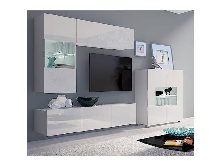 Lomadox Wohnwand Anbauwand weiß Hochglanz 4-teilig Modern, mit 1 TV-Lowboard, 1 Hängeschrank, 1 Hängevitrine, 1 Highboard