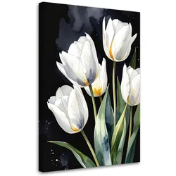 LEINWANDBILD, Weiße Tulpen Blumen auf schwarzem Hintergrund