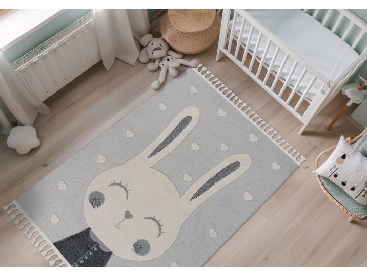 Kinderteppich OBSESSION My Fano 395 , bunt (mehrfarbig), B:160cm H:11mm L:230cm, Polypropylen, Teppiche, Kinderteppich, Motiv Hase, mit Fransen, auch in rund