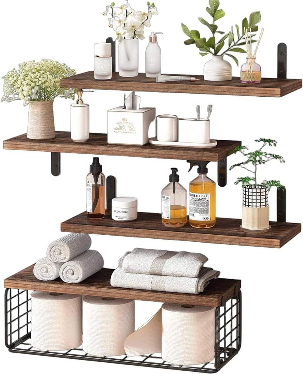 Set van 4 zwevende wandplanken met opbergmand in donkerbruin voor badkamer, keuken of woonkamer
