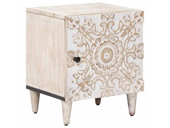 fsahslih Nachttisch Weiß 40x33,5x46 cm Massivholz Mango Beistelltisch Kompakter Holzschrank für kleine Schlafzimmer, pflegeleichte Oberfläche und einzigartige Maserung für elegantes Wohnen.