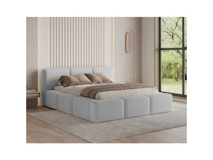 Chilly. Design Lit Como 180 x 200 - Lit Coffre Rembourré - 2 Personnes - Revêtement Élégant Tissu Bouclé Gris