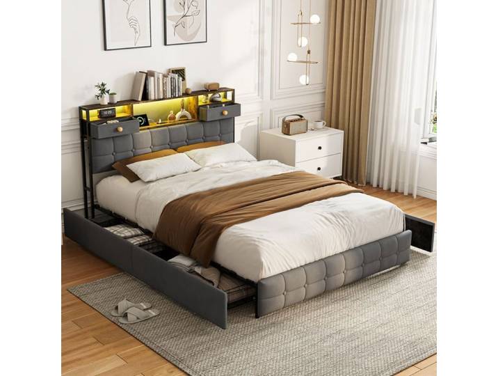 DADEA lit 140x200 double coffre avec usb et led lit rembourré capitonné avec 4 tiroirs rangement lit adulte avec sommier gris