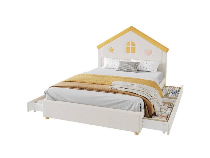 Modfu Kinderbett aus französischem Samt 140x200 cm Beige mit 4 Schubladen und Haus-Kopfteil, 140x200 cm, Babymöbel & Kindermöbel, Kinderzimmer & Jugendzimmer, Kinderbetten