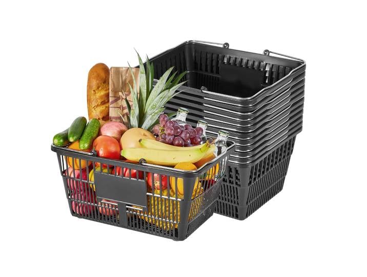SucceBuy 12 paniers de courses empilables de 21 L en plastique PE, portables, avec poignées, pour magasins et supermarchés