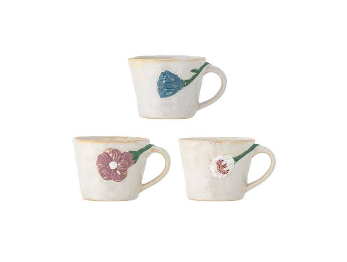 Becher-Set Kivon – Blumenmotiv Steingut (3-teilig) - Natur - Luxusbetten24