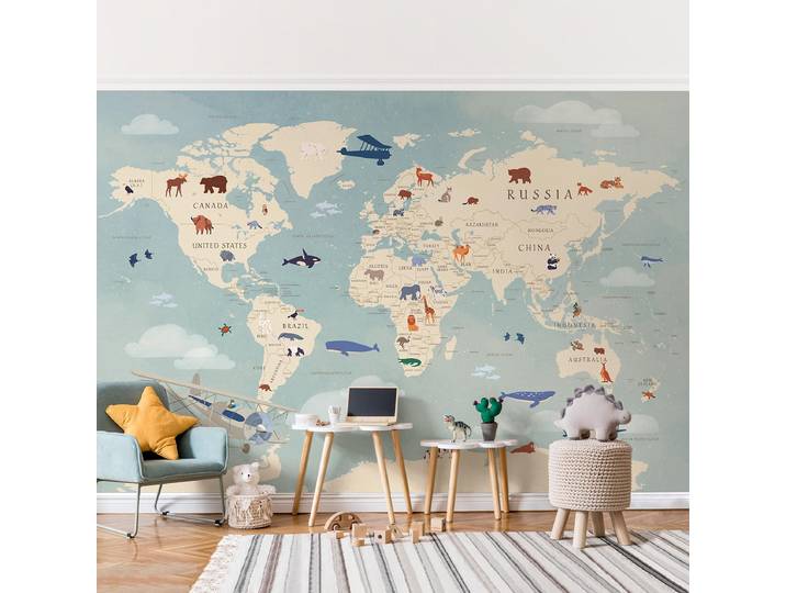 home24 Fotobehang Kaart Dieren van de Wereld 240 x 158cm 240 x 158 cm