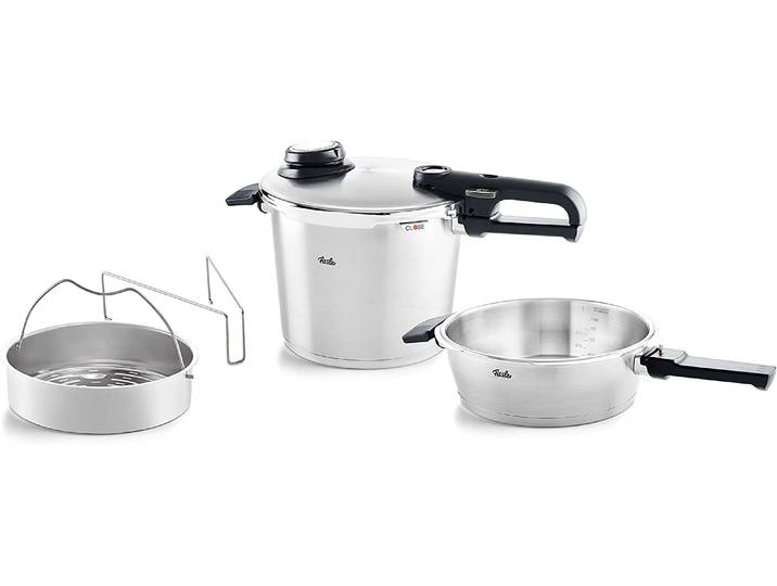 Schnellkochtopf FISSLER Vitavit Premium Dampfkochtopf Set Edelstahl Made in Germany , silber (silberfarben), H:27cm L:39,5cm Ø:22cm, Töpfe, Schnellkochtopf, Verriegelungsanzeige, Einstellbares Abdampfen, Einstellbare Kochstufen