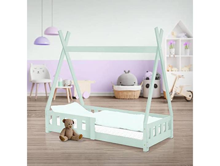 ML-Design Kinderbett Tipi 70x140 cm Mint mit Rausfallschutz und Lattenrost, aus Kiefernholz massiv, Indianer Bett für Mädchen & Jungen, Hausbett mit Zaun Bodenbett Kinderhaus Jugendbett Spielbett Zelt