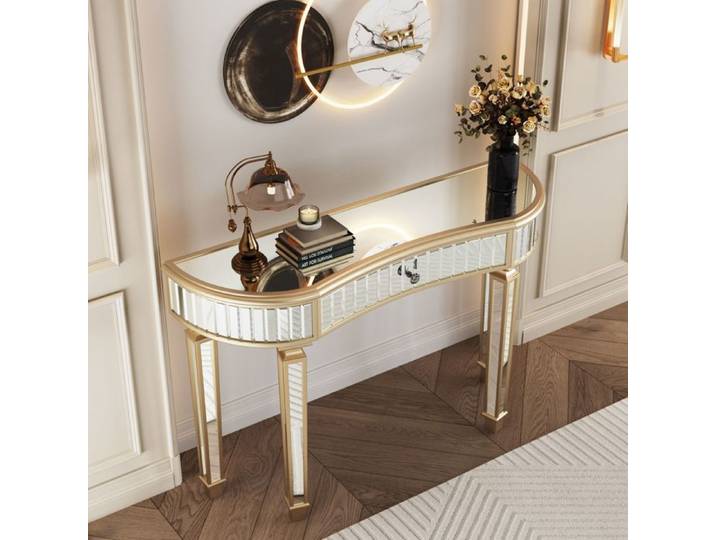 Table console - SOGEU - Demi-lune 120 cm - Verre cannelé effet miroir - 1 tiroir bouton cristal - MDF