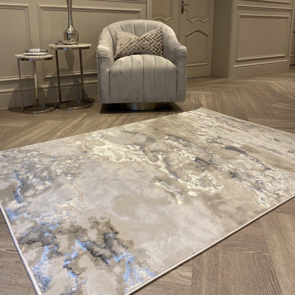Maia Grey, Cream & Silver Marble Rug, 80 x 150cm
