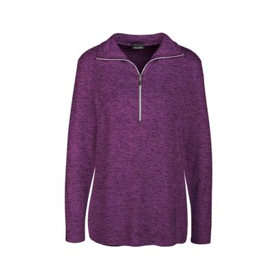 Longpullover GOLDNER "Kurzgröße Flauschiges Troyer- Shirt", Damen, Gr. 22, lila (pflaume, melange), Obermaterial: 75% Viskose CV. 20% Polyester PES. 5% Elasthan EL., weit Tubular, Pullover Longpullover, Flauschig angeraute Melange-Qualität