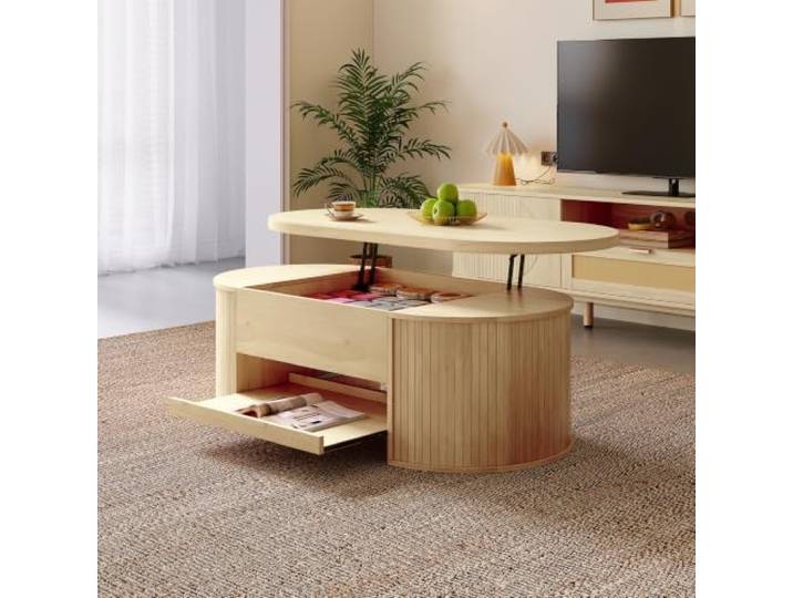 Anhebbarer Couchtisch Holz mit Holzseiten & ausziehbarem Regal Höhenverstellbarer Wohnzimmertisch, klappbare Tischplatte, versteckter Stauraum – Multifunktional & stilvoll