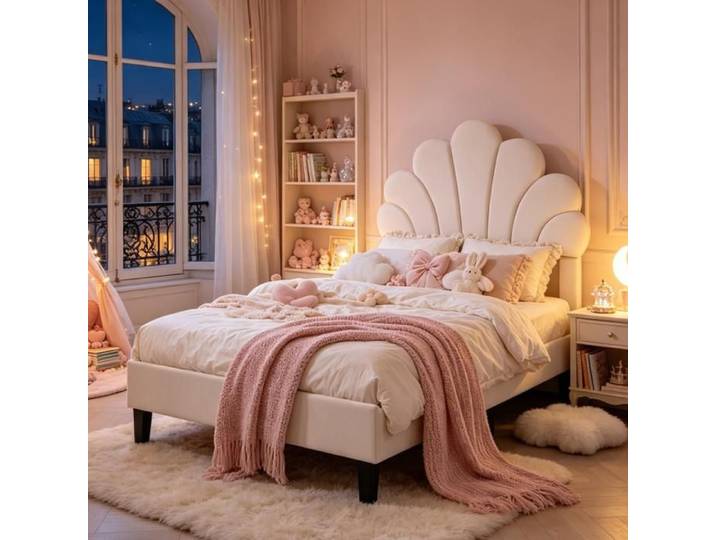 Lit Enfant Fille 90x200 EZSSW Tête de Lit Pétale en Velours Hauteur Réglable Lit Princesse cadre de lit enfant Beige