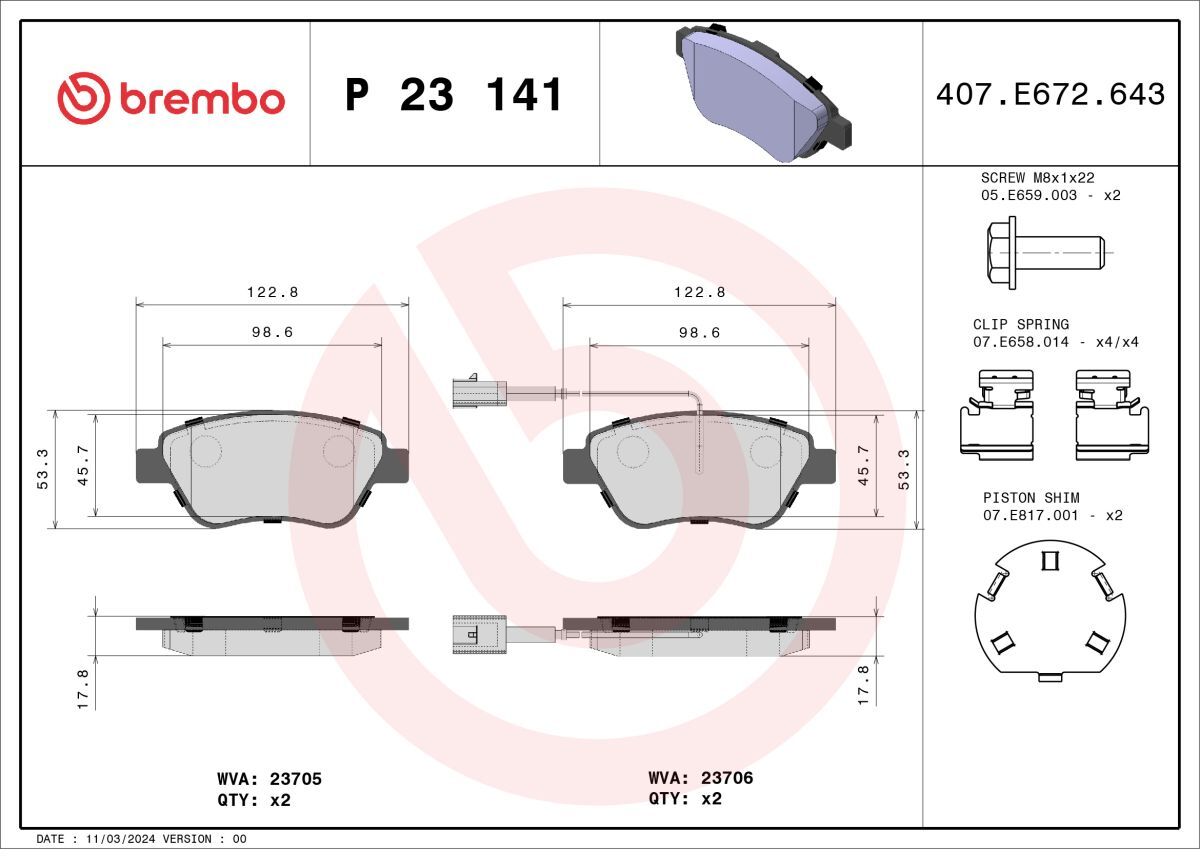 Bremsbelagsatz BREMBO P 23 141, Vorne