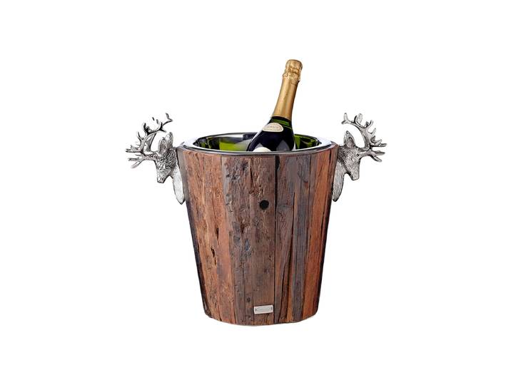 XXL Premium Sektkühler „Kensington“ aus Teakholz & Edelstahl glänzend vernickelt, doppelwandig Silber, Natur Ø 46 cm EDZARD