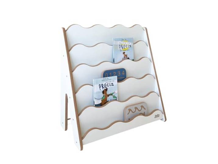 Babywood Bücherregal Wave M – Montessori Kinder-Bücherregal, frontales Regal mit 5 Ebenen, offenes Standregal aus Birkenholz, kinderfreundliche Höhe für Kinderzimmer, Größe M (weiß)