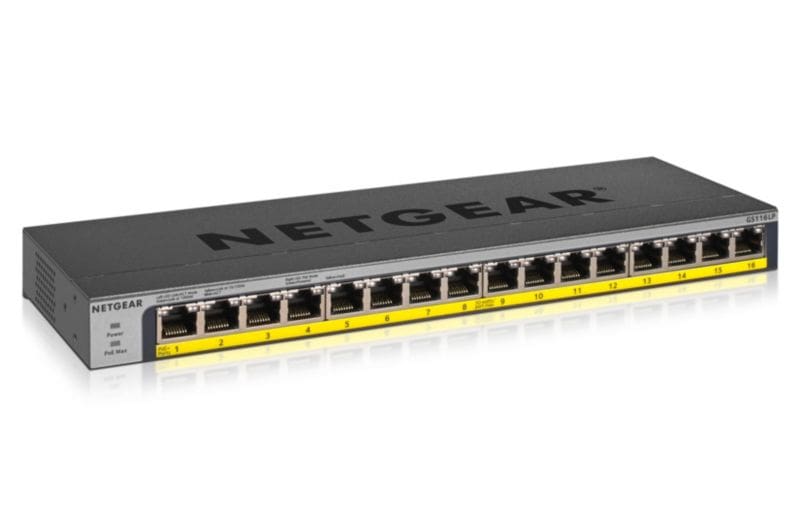 NETGEAR GS116LP PoE Switch 16 Port Gigabit Ethernet LAN Switch mit 16x PoE+ 76W (Plug-and-Play Netzwerk Switch PoE 16 Ports, lüfterlos, 19 Zoll Rack-Montage), Schwarz GS116LP-100EUS