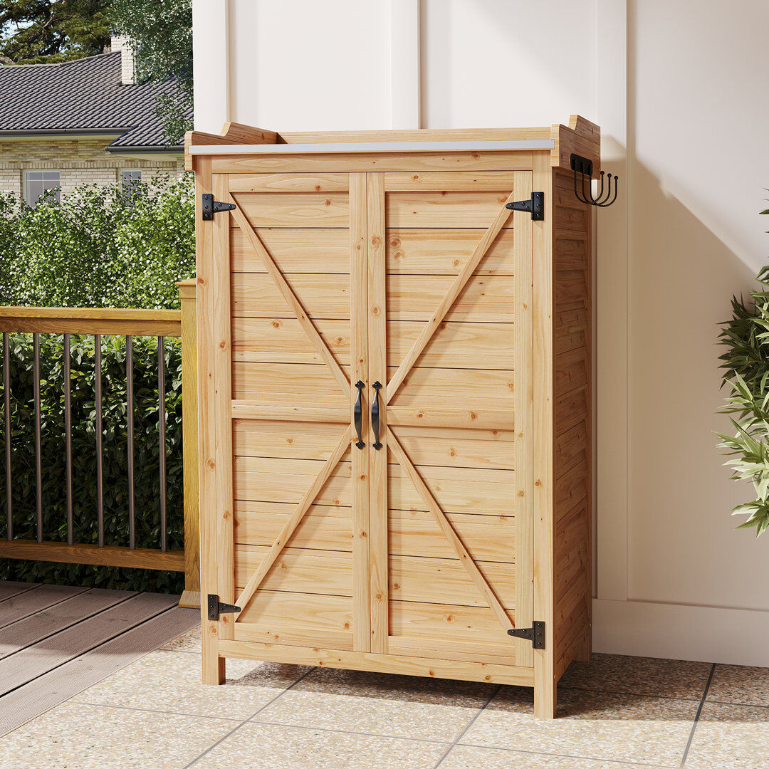 JolyDale 2 ft. W x 1.3 ft. D Wooden Garden Storage Shed with Hook & Metal tabletop Natural 64cm W X 40cm D X 95cm H