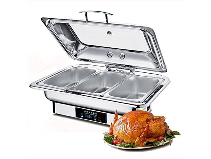 Edelstahl Warmhaltebehälter, 600W Elektrisch Chafing Dish Buffet Chafer Set, Speisenwärmer für Catering, Buffet und Party, Transparente Sichtbare Obere Abdeckung, Temperaturregler