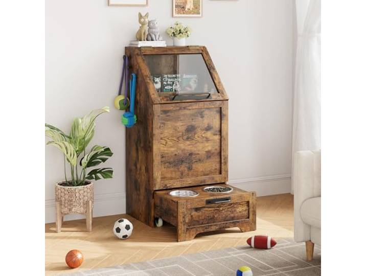 Garvee Futterstation Für Hunde & Katzen Mit Stauraum Erhöhte Näpfe Holz 90x43x35.5cm Luftdichtes Vorratsfach mit Sichtfenster, ausziehbare Schublade, Edelstahlnäpfe & 3 Haken,Vintage-Farben