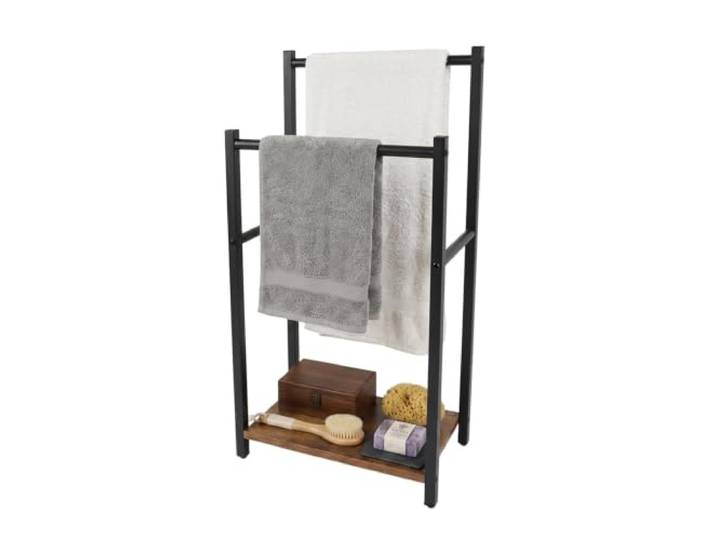 Relaxdays porte-serviettes avec tablette H80×L42×P24 cm\, noir/marron 2 tringles\, porte-serviettes sur pied\, MDF et métal