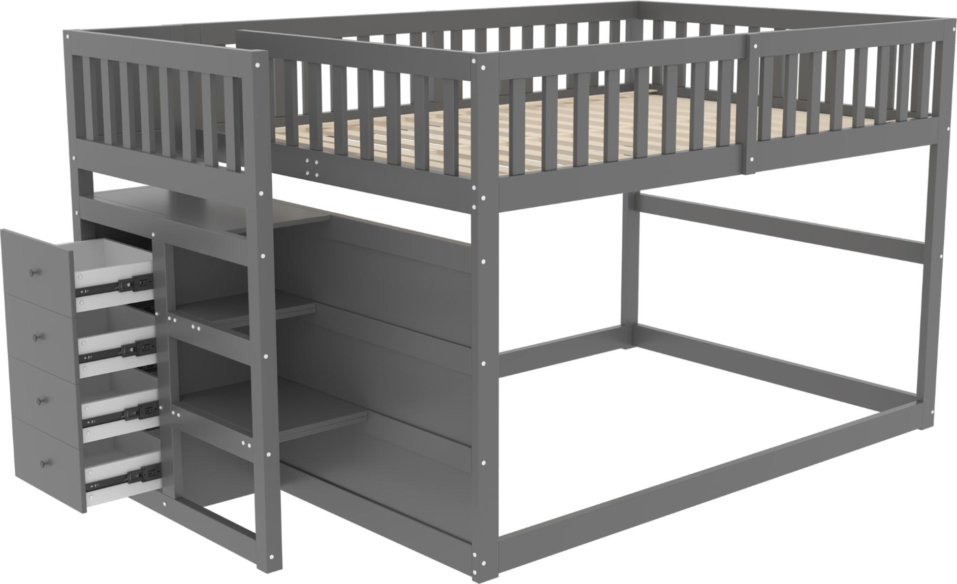 Etagenbett 140 x 200 cm, Sicherheits-Etagenbett mit Staufach, hohes Zaun-Design, Holzbett