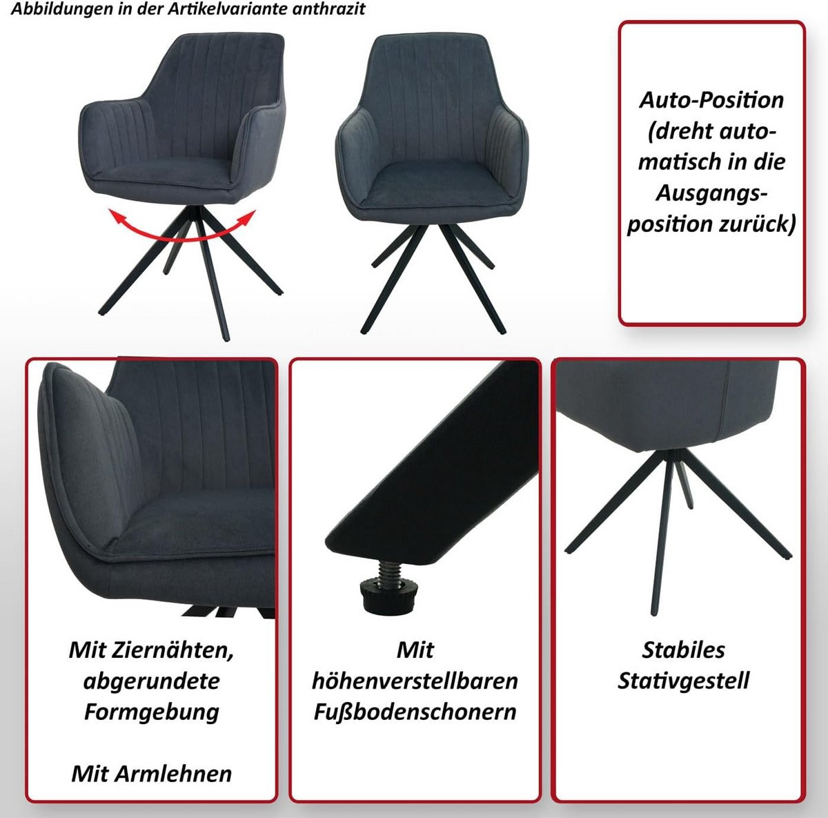 Set van 2 Draaibare Eetkamerstoelen met Armleuningen in Lichtgrijs Textiel