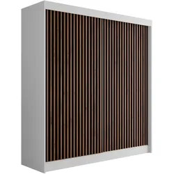 KLEIDERSCHRANK mit Lamel-Schiebetüren VILANv2 - 200 cm Weiß + Lamelle Eiche Wotan
