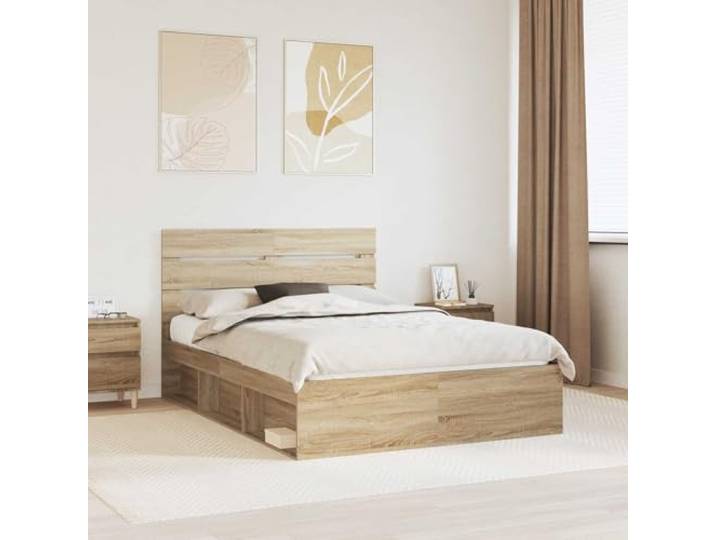 RJPLMFV Bettgestell Sonoma Eiche 150x200 cm Kopfteil Kiefer massiv, feste Latten inklusive, modernes minimalistisches Design