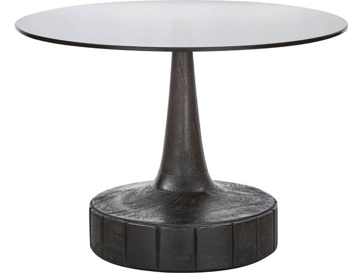 Couchtisch WOOOD Soya Mangoholz mit Holzschnitzerei und Glasplatte, H43 x B60 x T60 cm , schwarz (schwarz, schwarz), B:60cm H:43cm T:60cm, Tische, Couchtisch, Tragkraft 15 kg, einfach zu montierbar, pfleigleicht