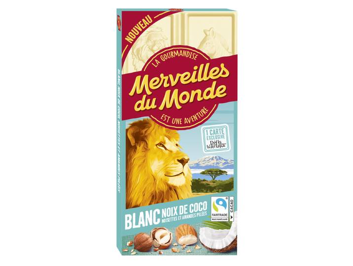 Merveilles du Monde Chocolat Blanc, Amandes et Noisettes pilées &amp; Noix de Coco 100g